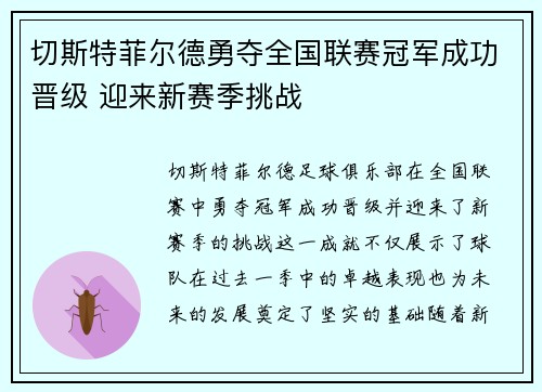 切斯特菲尔德勇夺全国联赛冠军成功晋级 迎来新赛季挑战