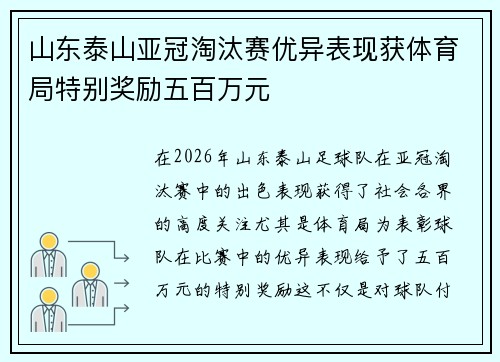 山东泰山亚冠淘汰赛优异表现获体育局特别奖励五百万元
